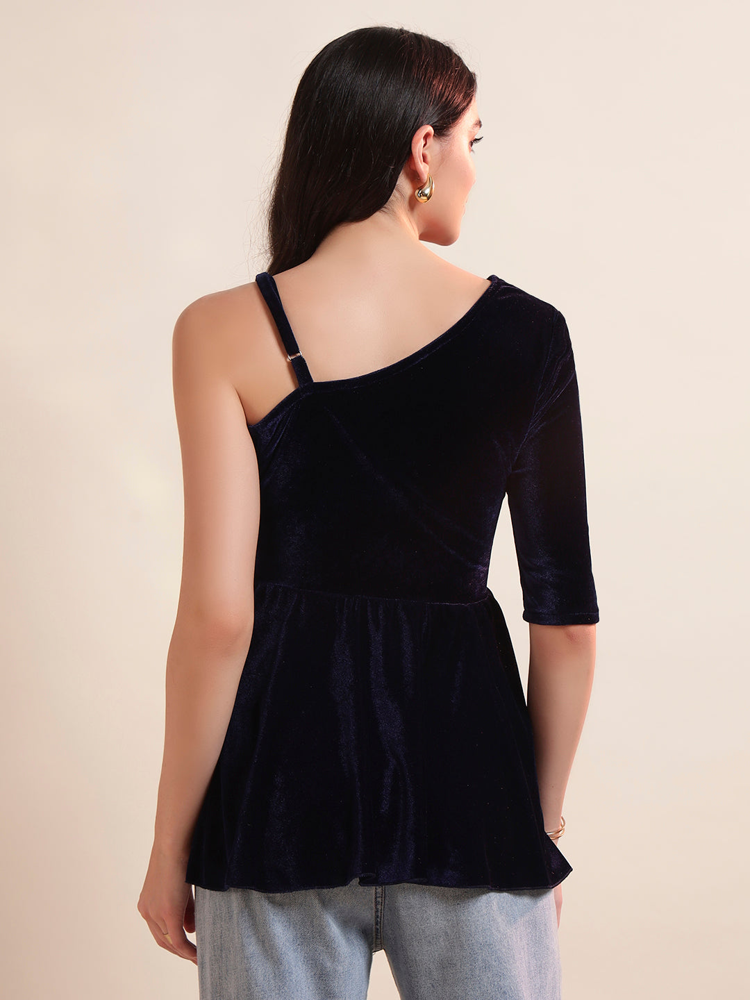 Solid One Shoulder Velvet Peplum Top