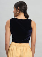 Velvet Sleeveless Readymade Party Blouse Navy Blue