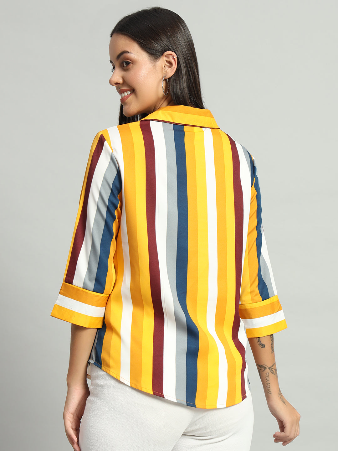 Crepe V-Neck Collared Quarter Sleeves Tops Dark Yellow