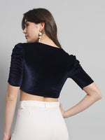 Puff Sleeves Velvet Blouse Tops Navy Blue