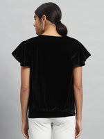 Short Sleeves Ruffles Stylish Party Top Black