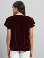 Short Sleeves Ruffles Stylish Party Top Wine