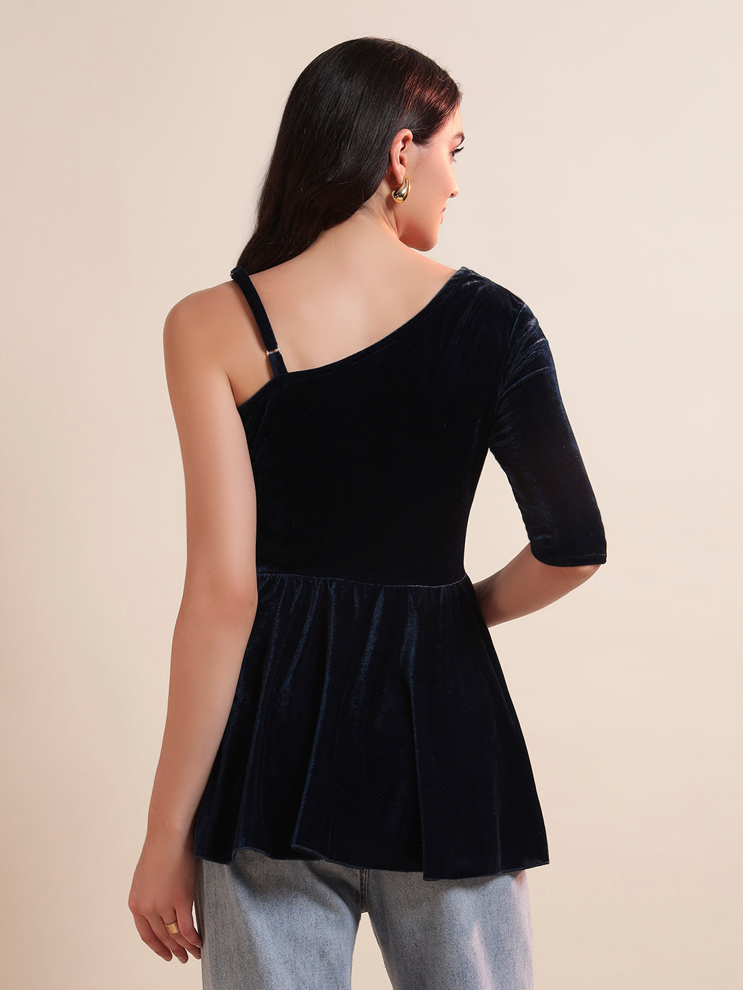 Solid One Shoulder Velvet Peplum Top