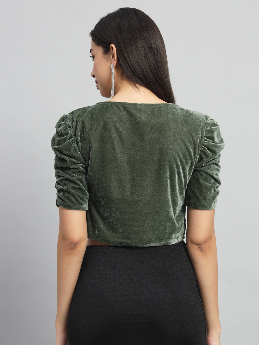 Puff Sleeves Velvet Blouse Tops Dark Olive Green