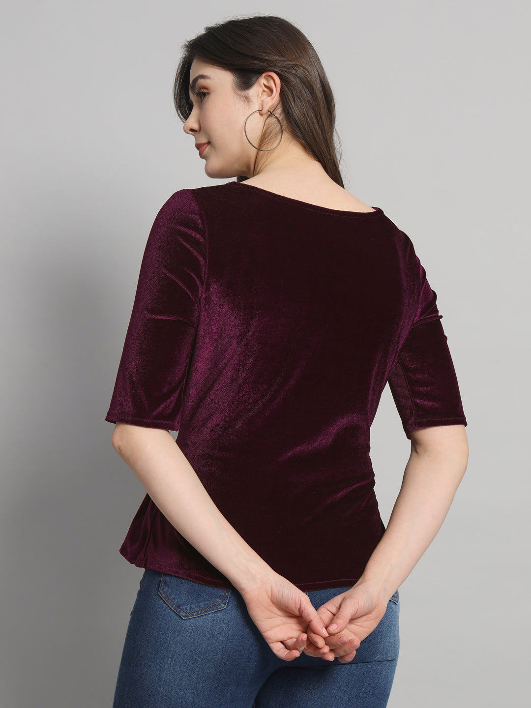 Half Sleeeves Front Tie Waistband Party Top Maroon