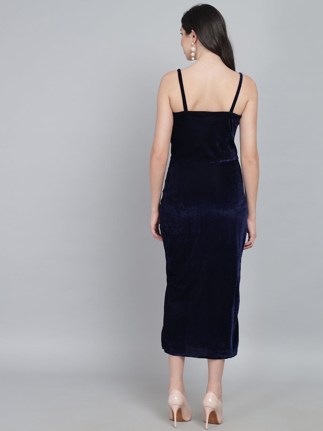 Maxi Sleeveless Velvet Square Neck Bodycon Dress Navy Blue