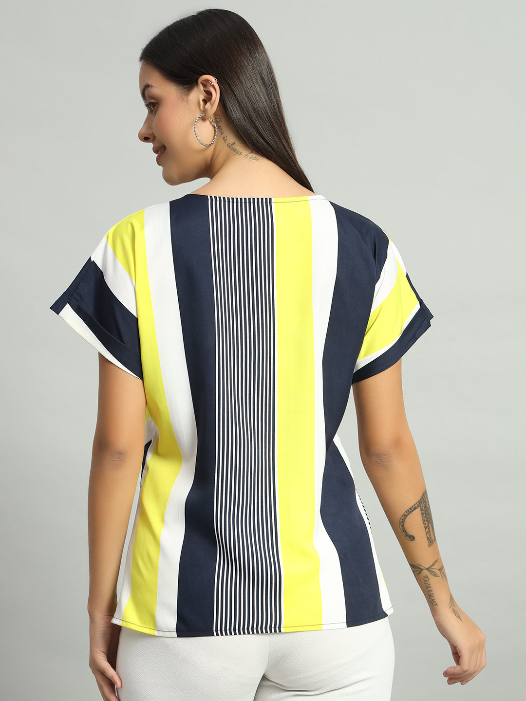 Women Striped Extended Sleeves Styled Back Top