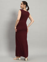 Lycra Cowl Neck Bodycon Maxi Sleeveless Party Dress Wine