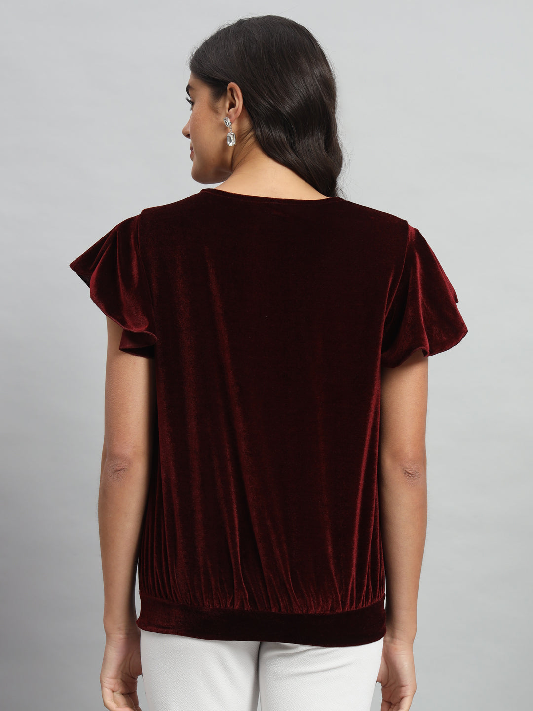 Short Sleeves Ruffles Stylish Party Top Sporty Maroon