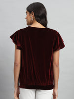 Short Sleeves Ruffles Stylish Party Top Sporty Maroon