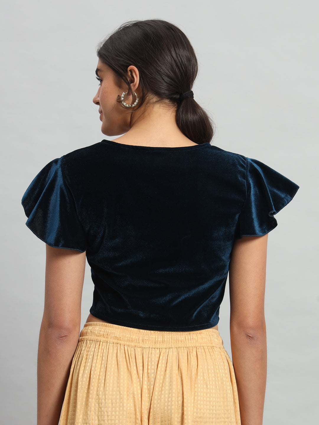 Velvet Flared Sleeves Readymade Party Blouse Peacock Blue