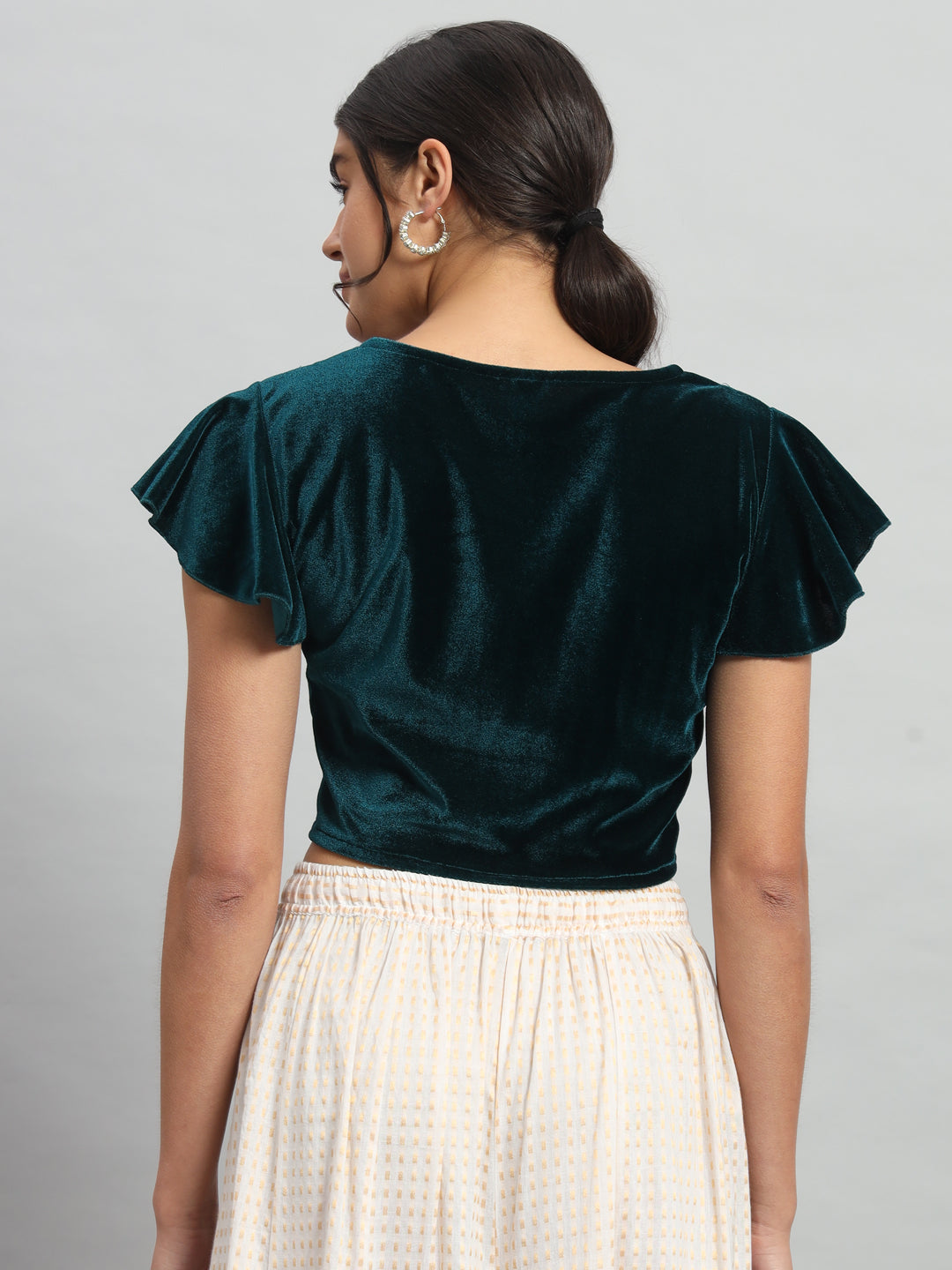 Velvet Flared Sleeves Readymade Party Blouse Rama Green