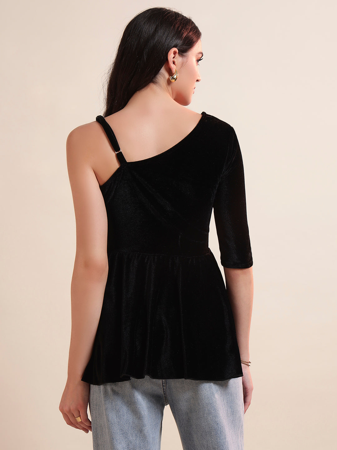 Solid One Shoulder Velvet Peplum Top