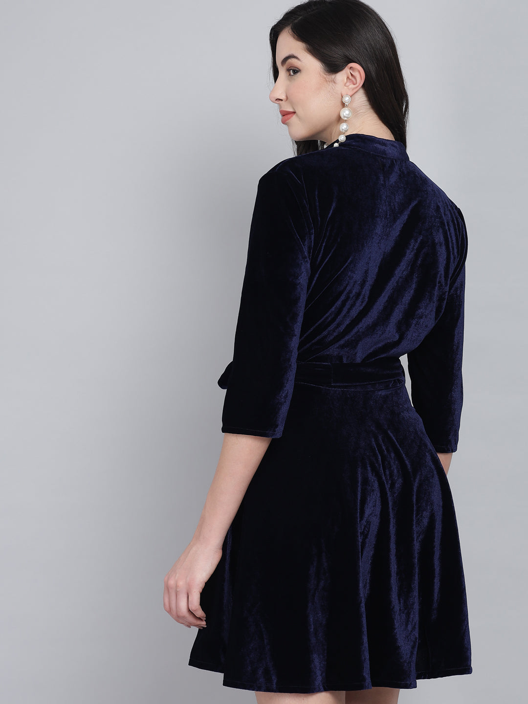 A-Line Quarter Sleeves V-Neck Party Dress Dark Blue