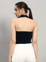 Halter Neck Top Velvet Sleeveless Party Outfit Peacock Blue