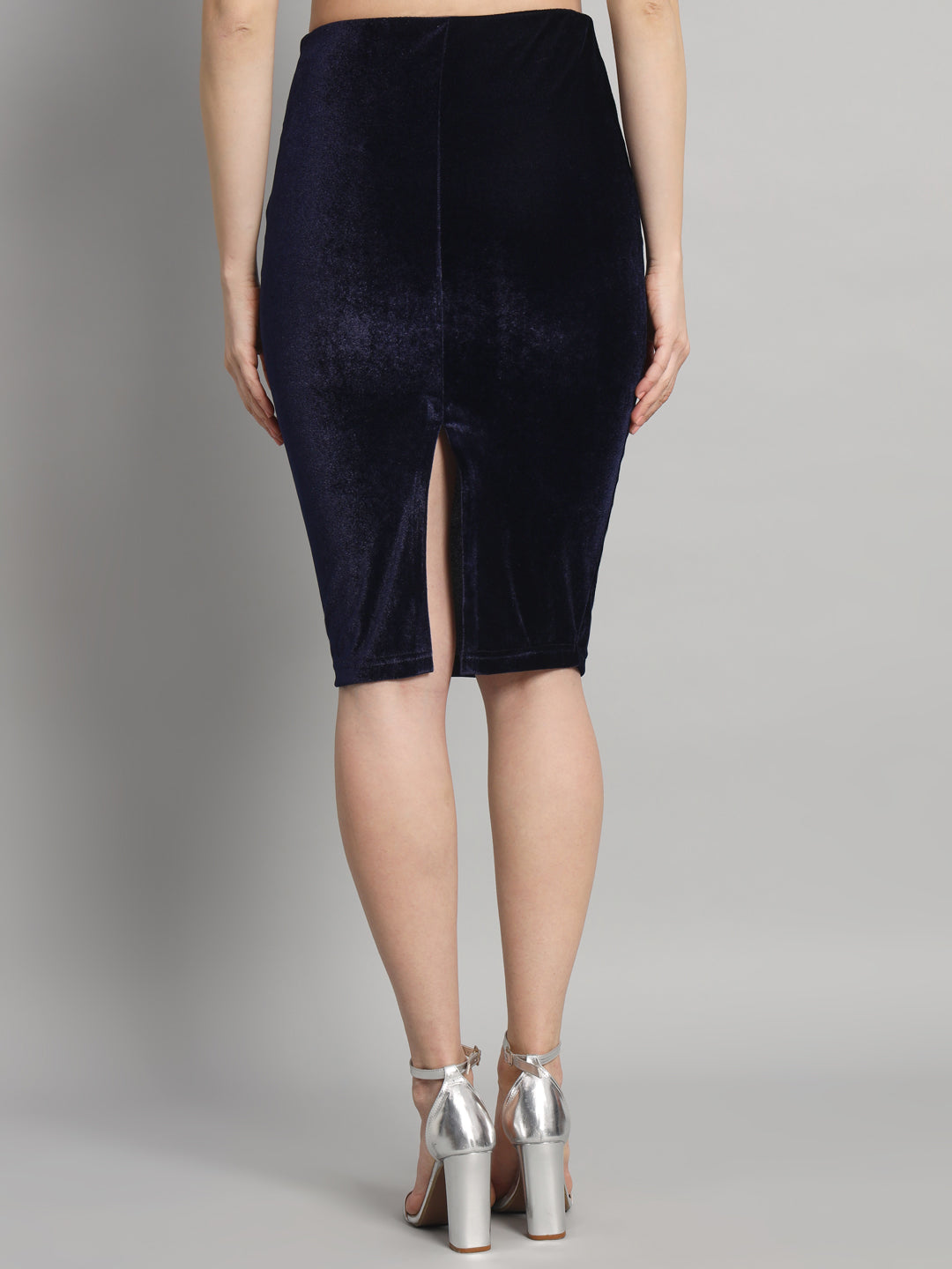 Back Slit nee Length Skirt for Women Navy Blue