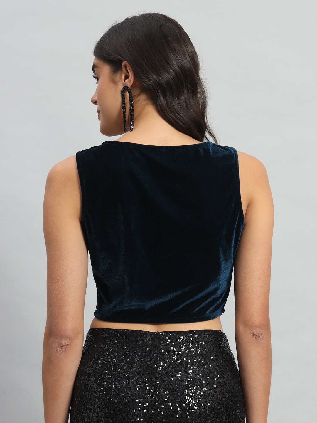 Velvet Sleeveless Readymade Party Blouse Navy Blue