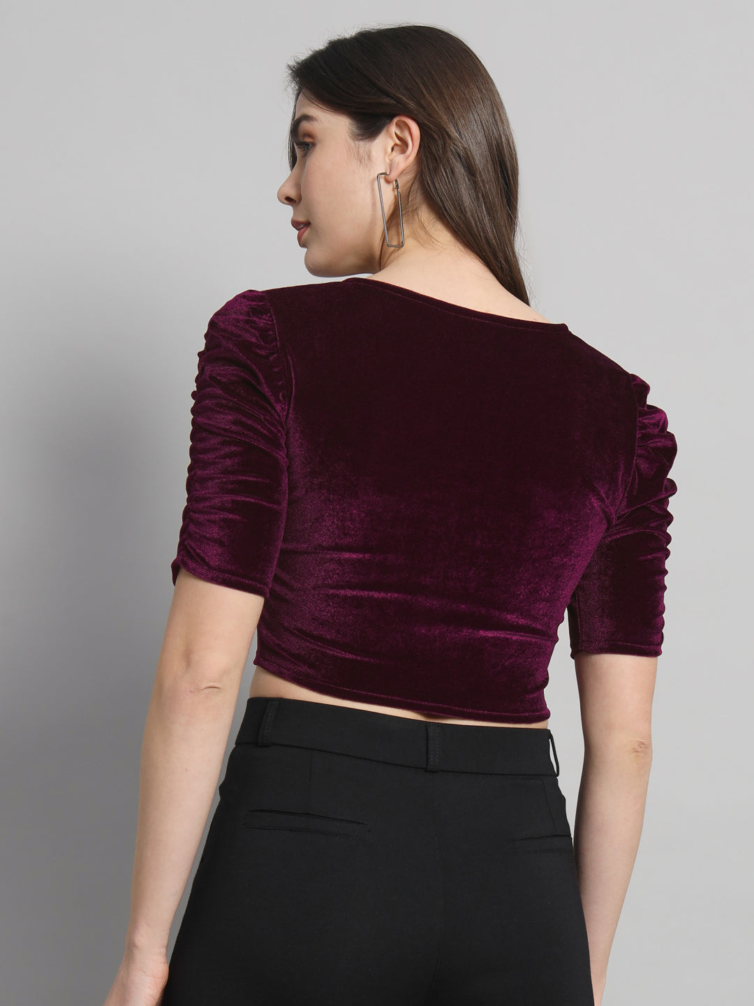 Puff Sleeves Velvet Blouse Tops Wine