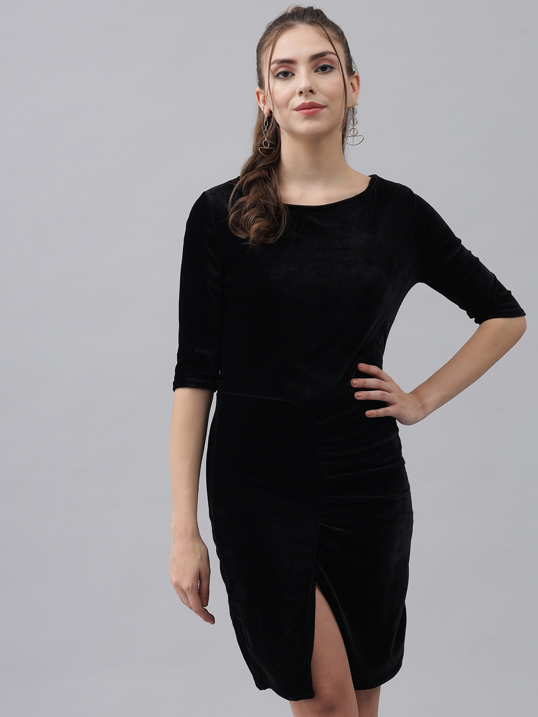 Boat Neck Gathered Surfacing Front Slit Velvet Sheath Dress