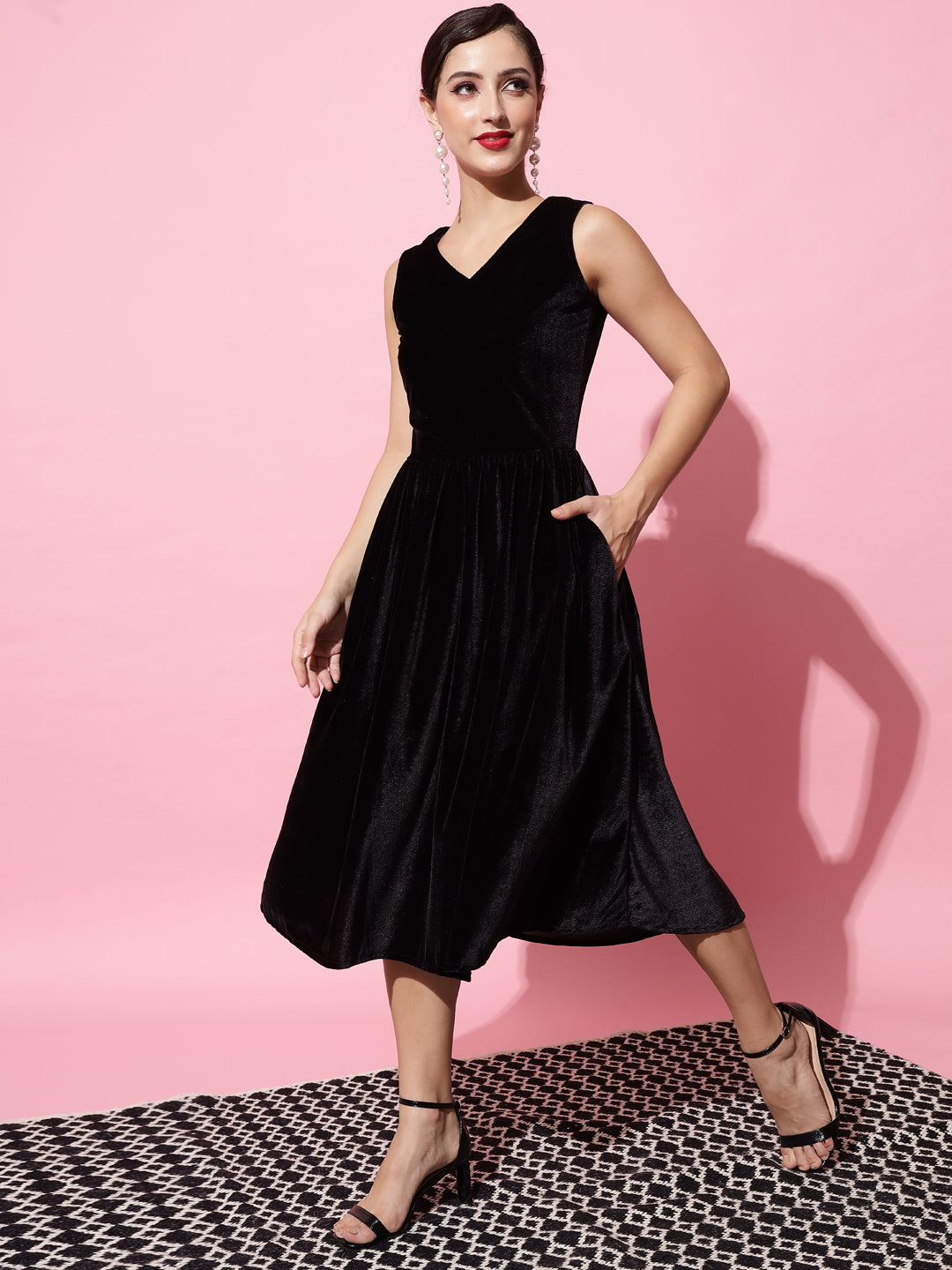 V-Neck Velvet Fit & Flare Midi Dress