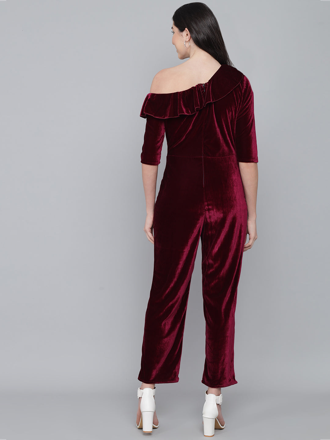 Ruffle Details One Piece One Shoulder Basic Jumpsuit Red Wine