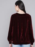 Round Neck Puff Sleeves Blouson Top Maroon