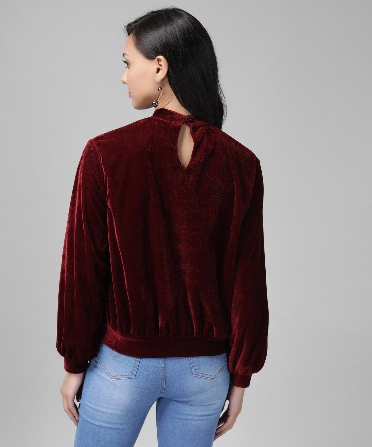 Keyhole Choker Neck Cuffed Sleeves Top Maroon