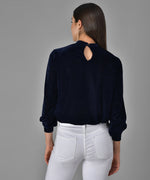 Keyhole Choker Neck Cuffed Sleeves Top Navy Blue