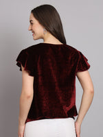 Short Sleeves Ruffles Stylish Party Top Maroon