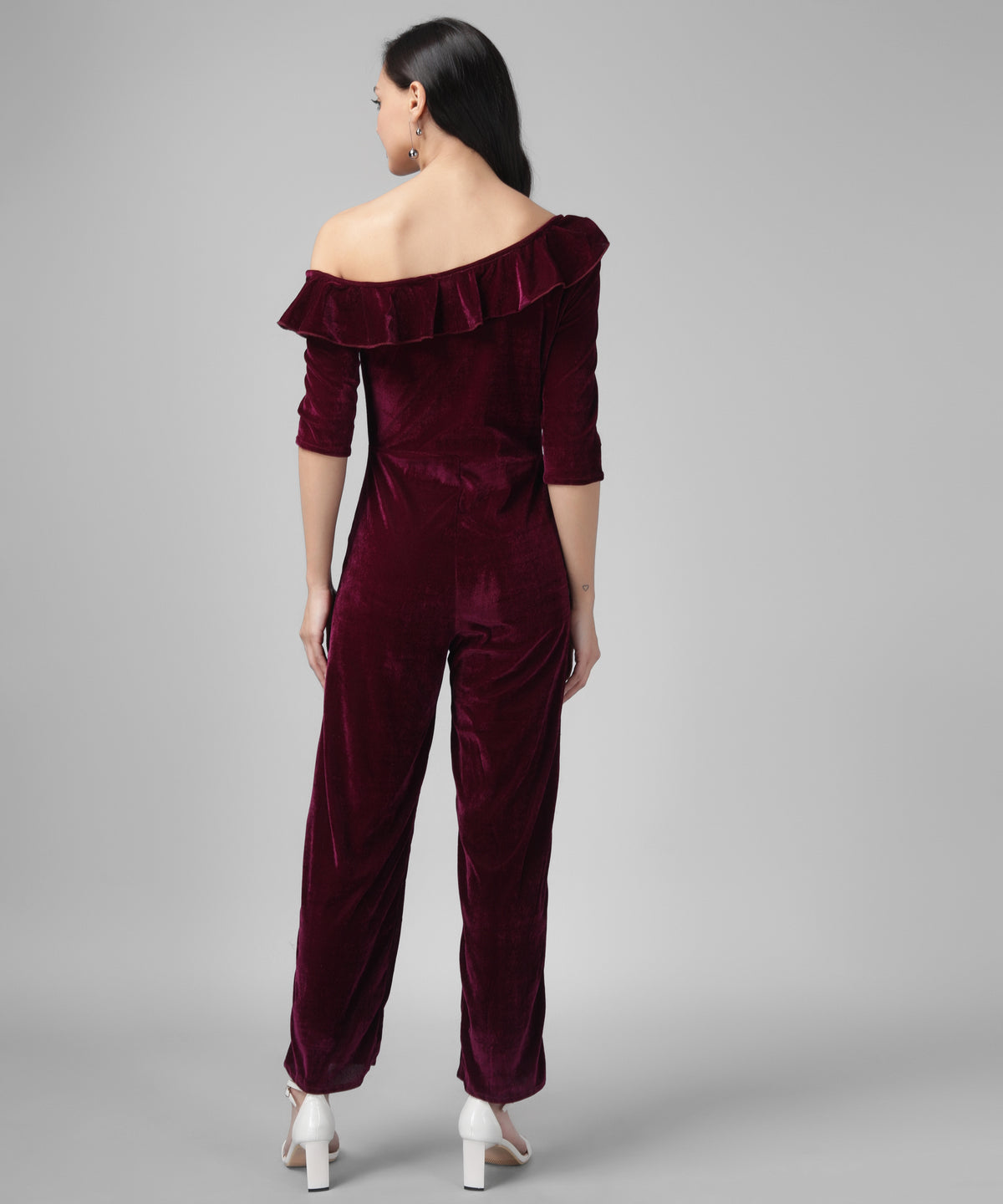 Ruffle Details One Piece One Shoulder Basic Jumpsuit Wine