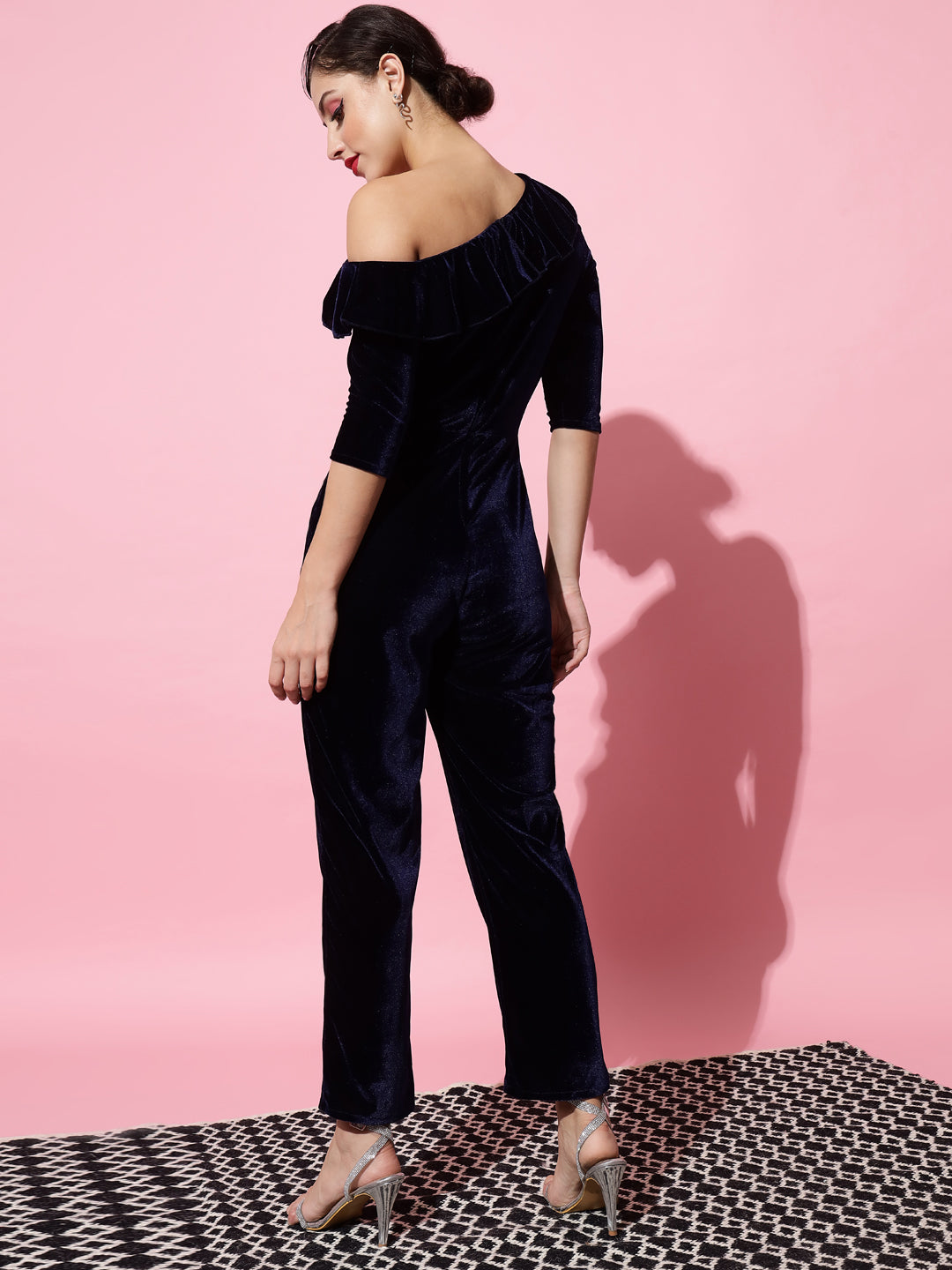 Ruffle Details One Piece One Shoulder Basic Jumpsuit Navy Blue