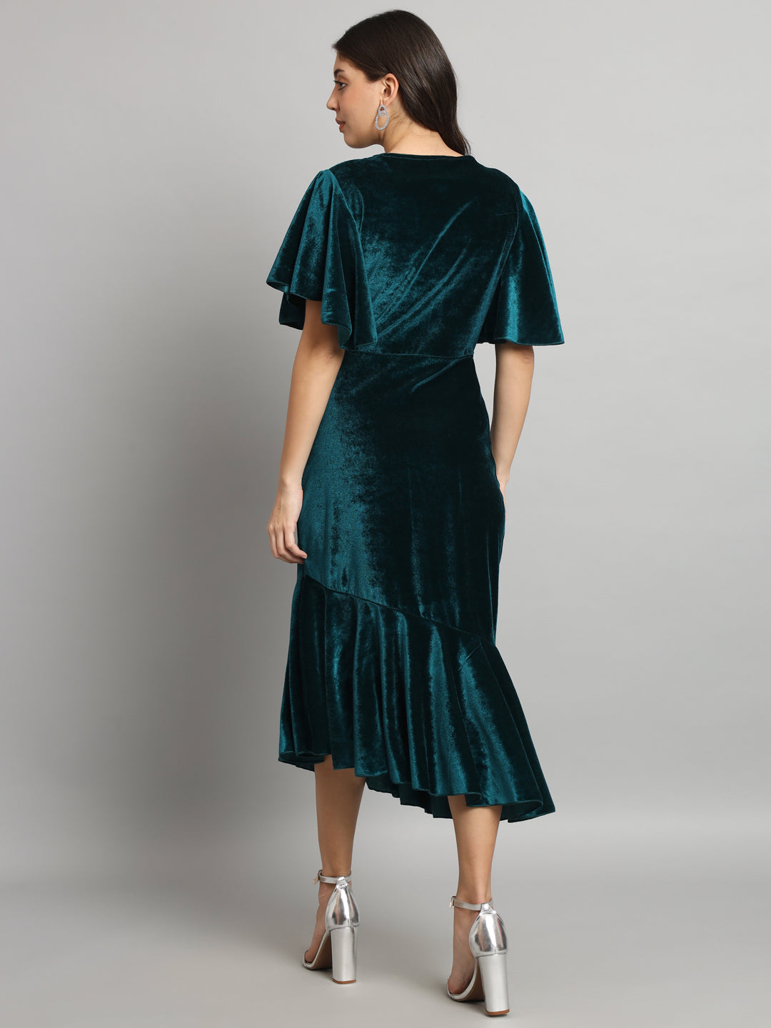 Women Flared Sleeves Velvet Drop-Waist Midi Dress With Ruffles Details