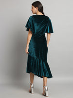 Women Flared Sleeves Velvet Drop-Waist Midi Dress With Ruffles Details