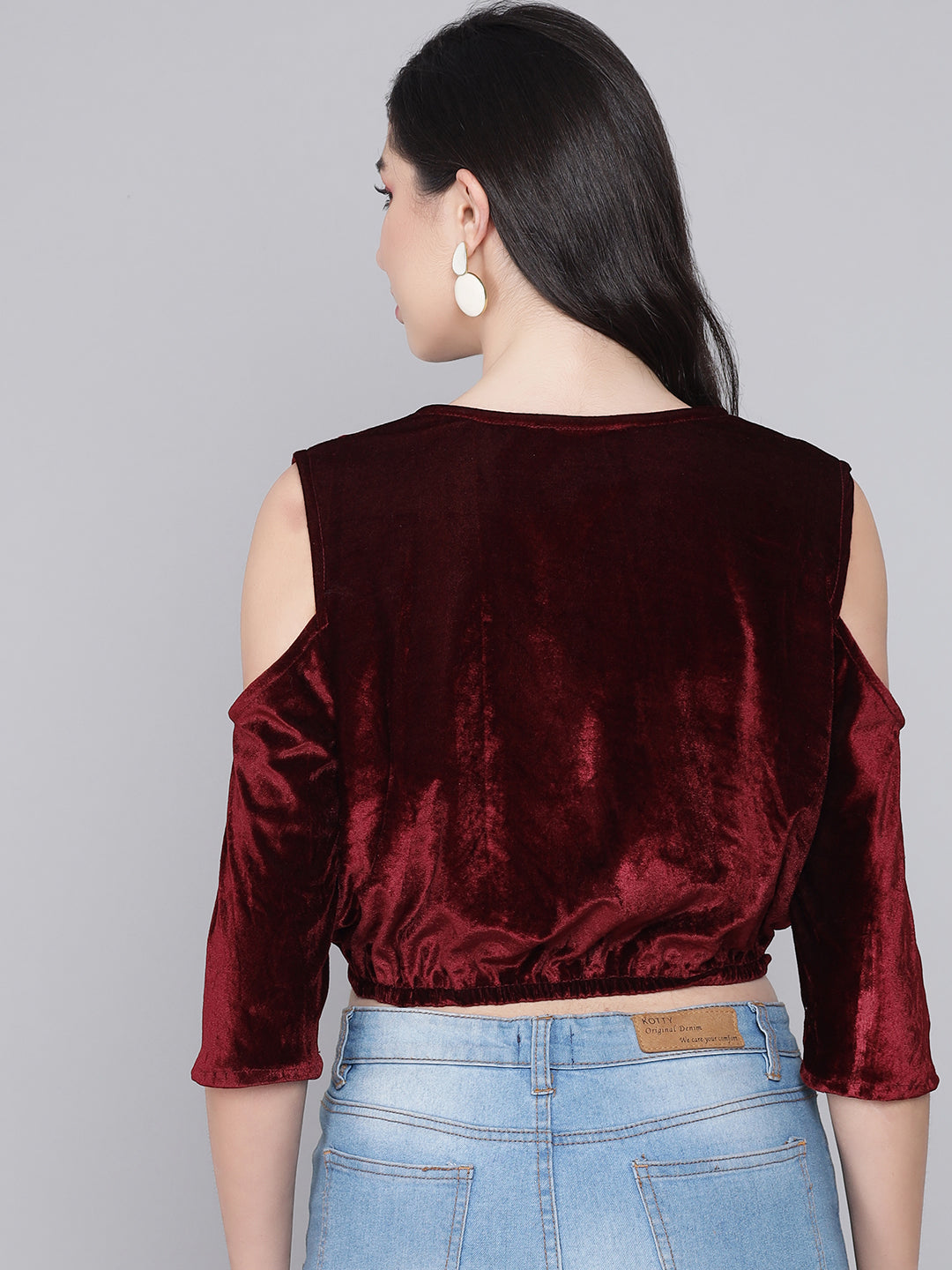 Cold Shoulder Sleeves Velvet Blouse Tops Maroon