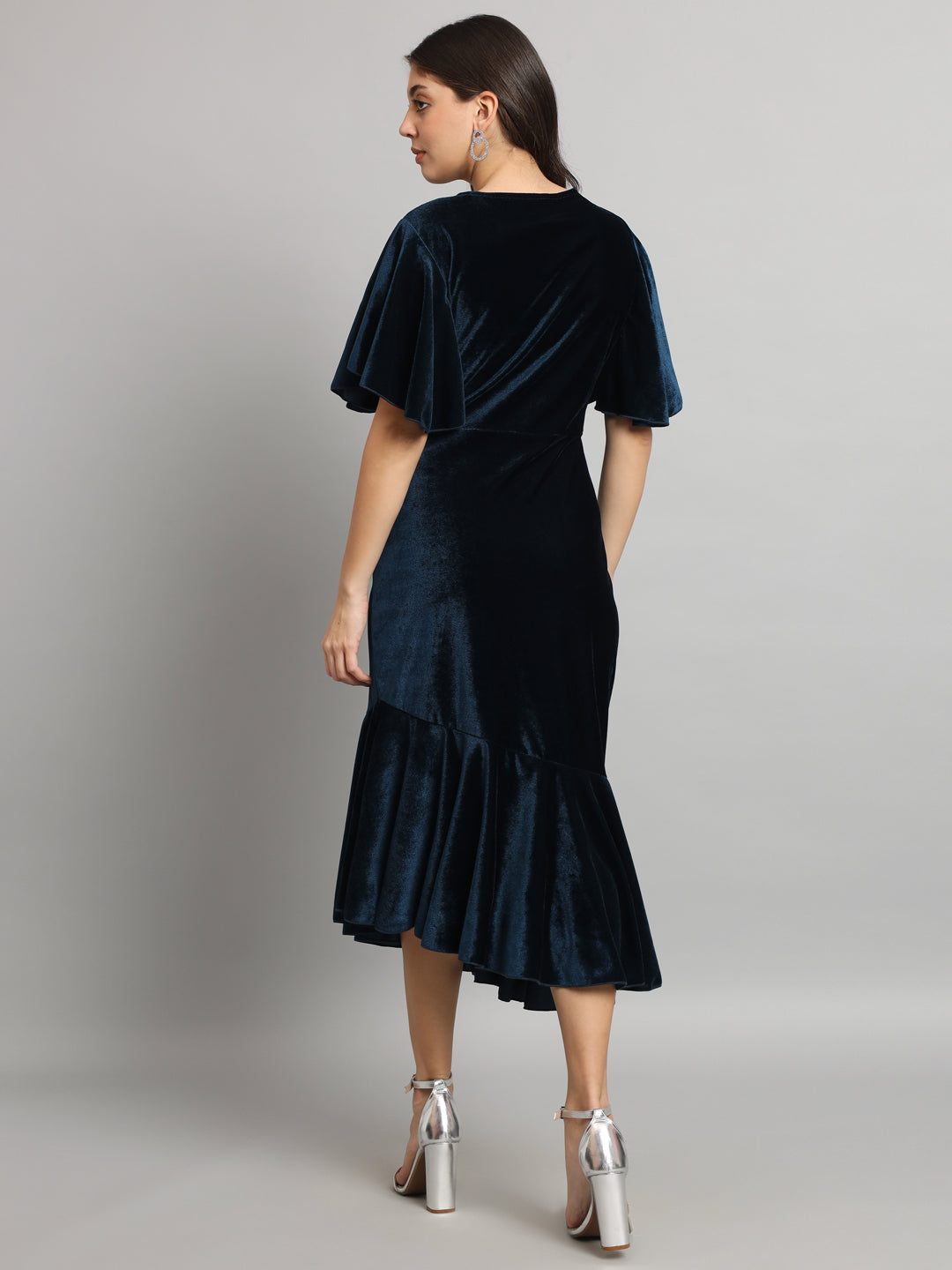 Ruffle Sleeves Fish Cut Velvet Party Dress Peacock Blue