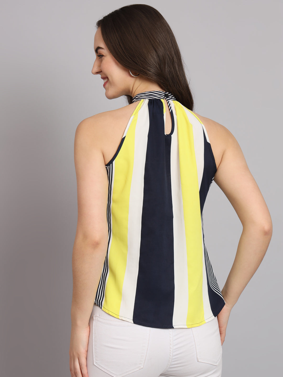 Crepe Yellow Stripes Sleeveless Top