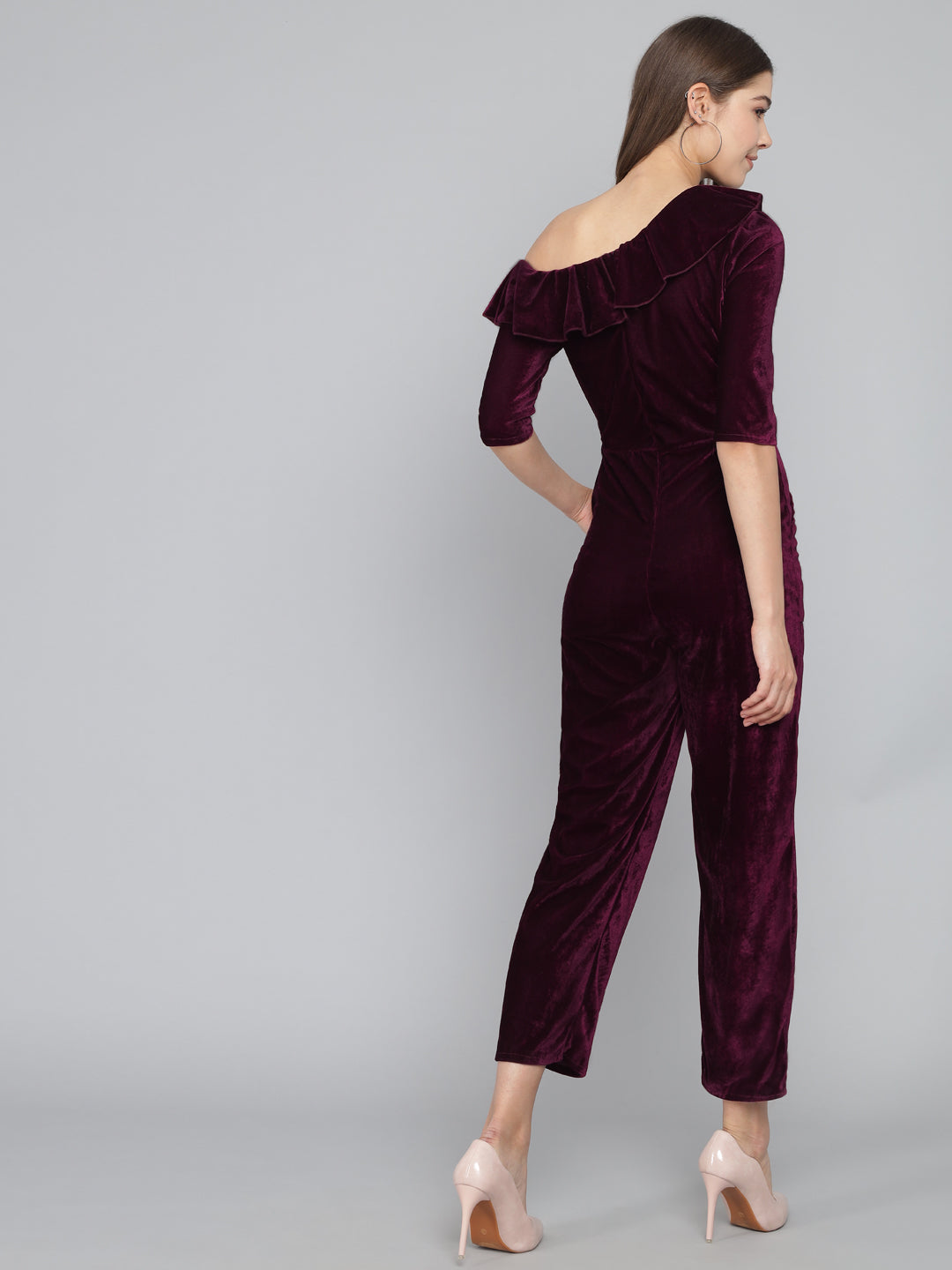 Ruffle Details One Piece One Shoulder Basic Jumpsuit Scarlet Wine