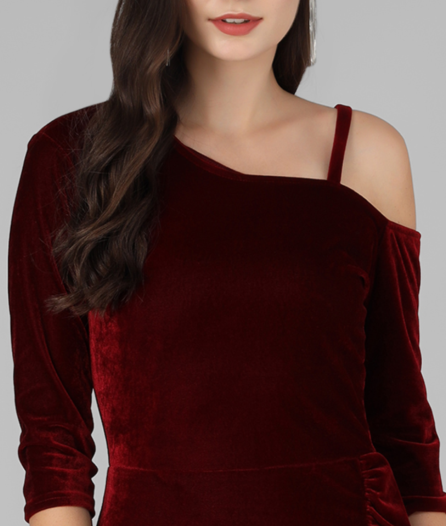 One Shoulder Bodycon Half sleeves Party Dress Maroon