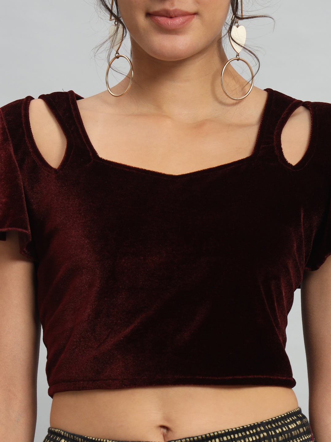 Velvet Flared Sleeves Readymade Party Blouse Maroon