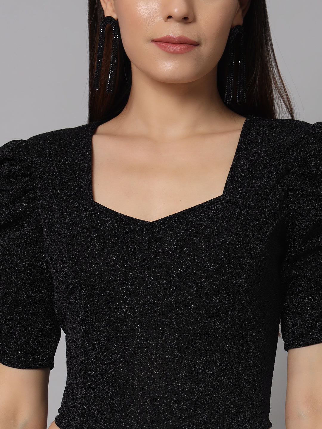 Lycra Party Puff Sleeves Shiny Readymade Blouse Black