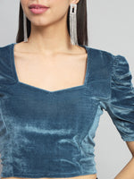 Puff Sleeves Velvet Blouse Tops Dark Teal