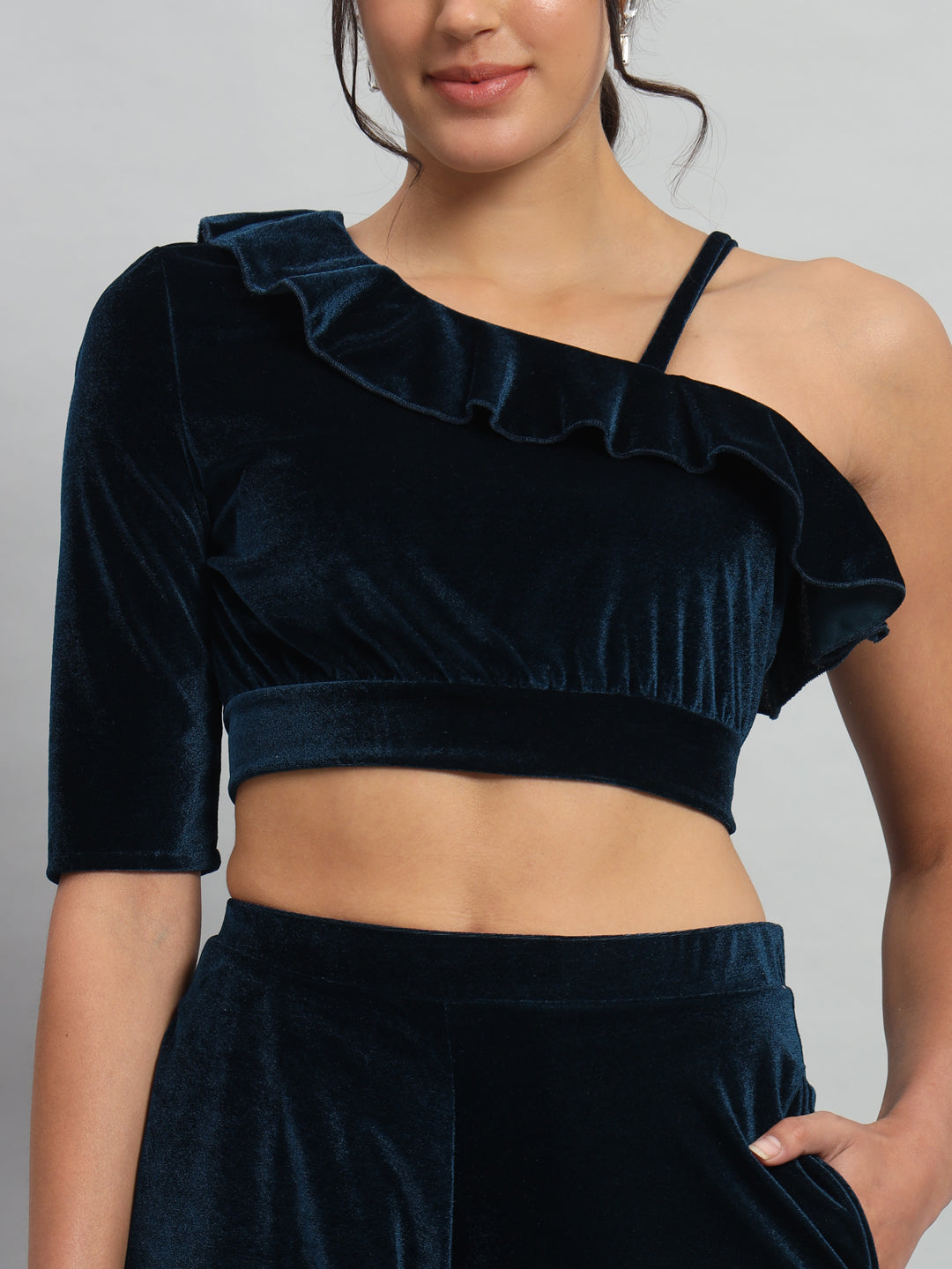 One Sleeve Crop Top with Palazzo Party Co-Ord Set Peacock Blue