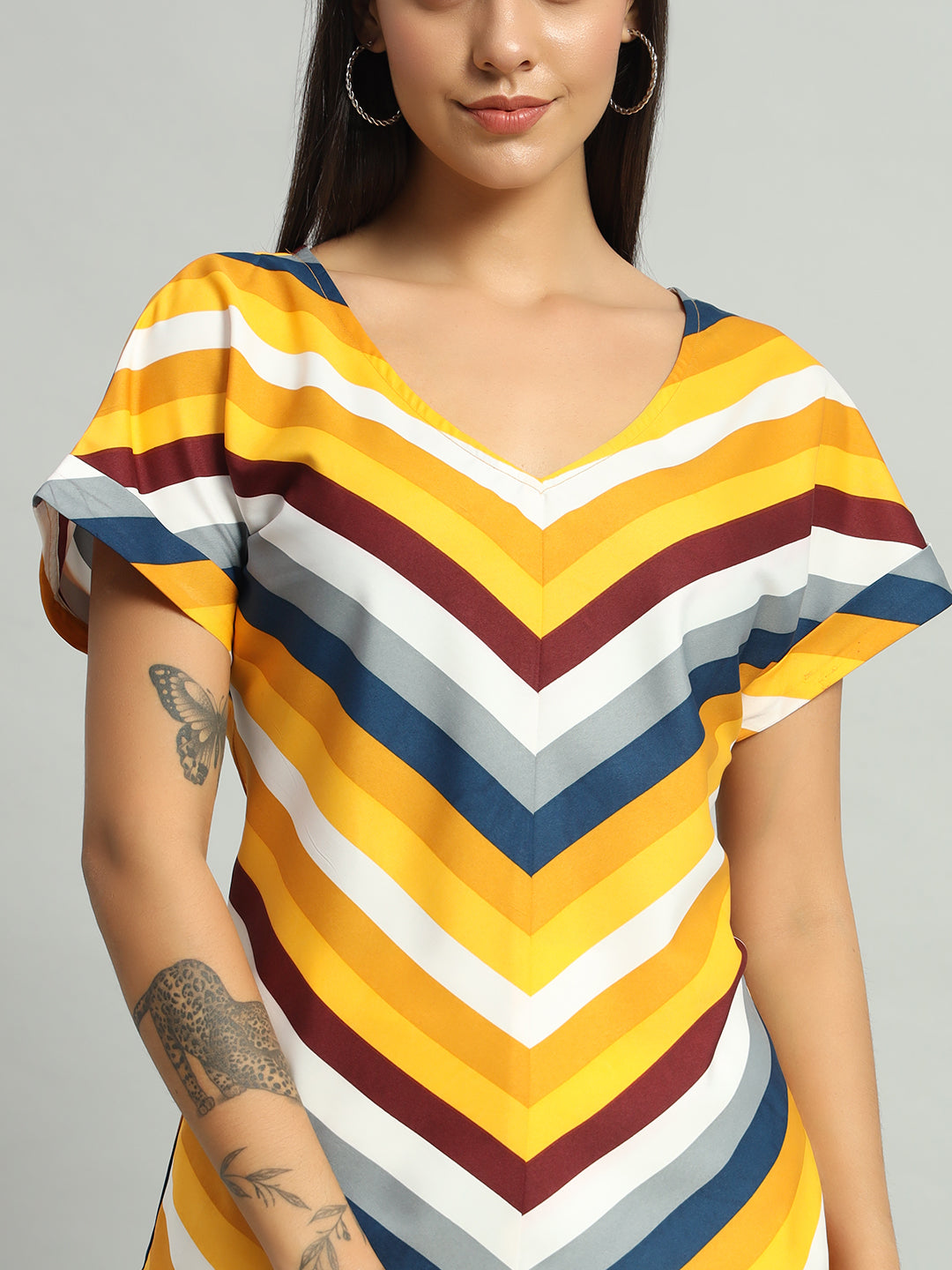 Crepe V-Cut Striped Short Sleeves Top Dark Yellow