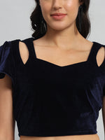 Velvet Flared Sleeves Readymade Party Blouse Navy Blue