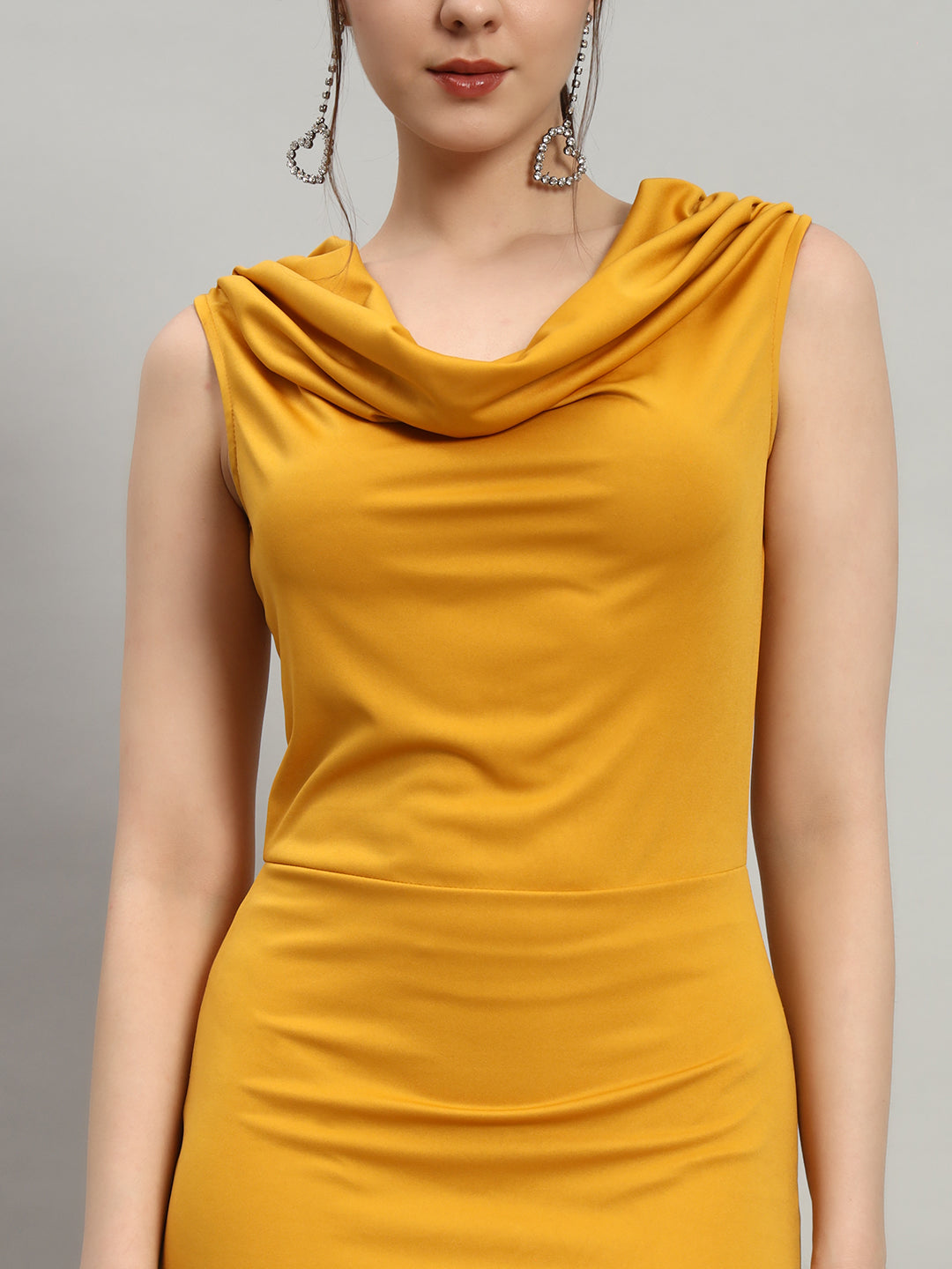 Lycra Cowl Neck Bodycon Maxi Sleeveless Party Dress Mustard Yellow