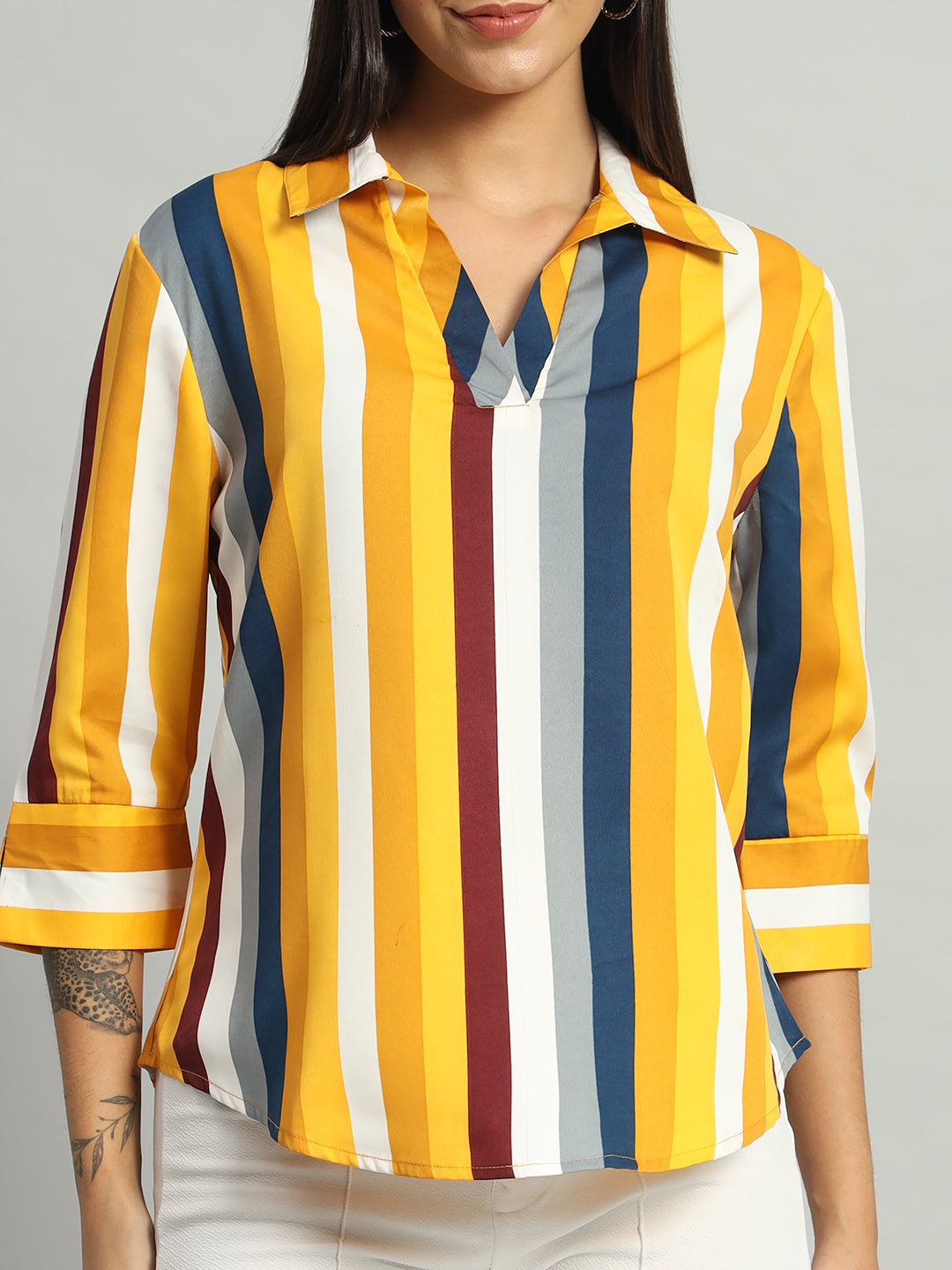 Crepe V-Neck Collared Quarter Sleeves Tops Dark Yellow