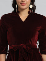 A-Line Quarter Sleeves V-Neck Party Dress Maroon