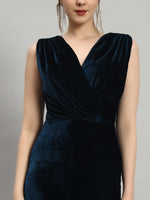 Deep V-Neck Shiny Velvet Sleeveless Party Dress Peacock Blue