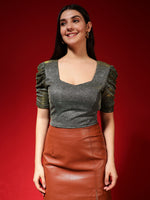 Metallic Shimmer Ruched Sleeve Top