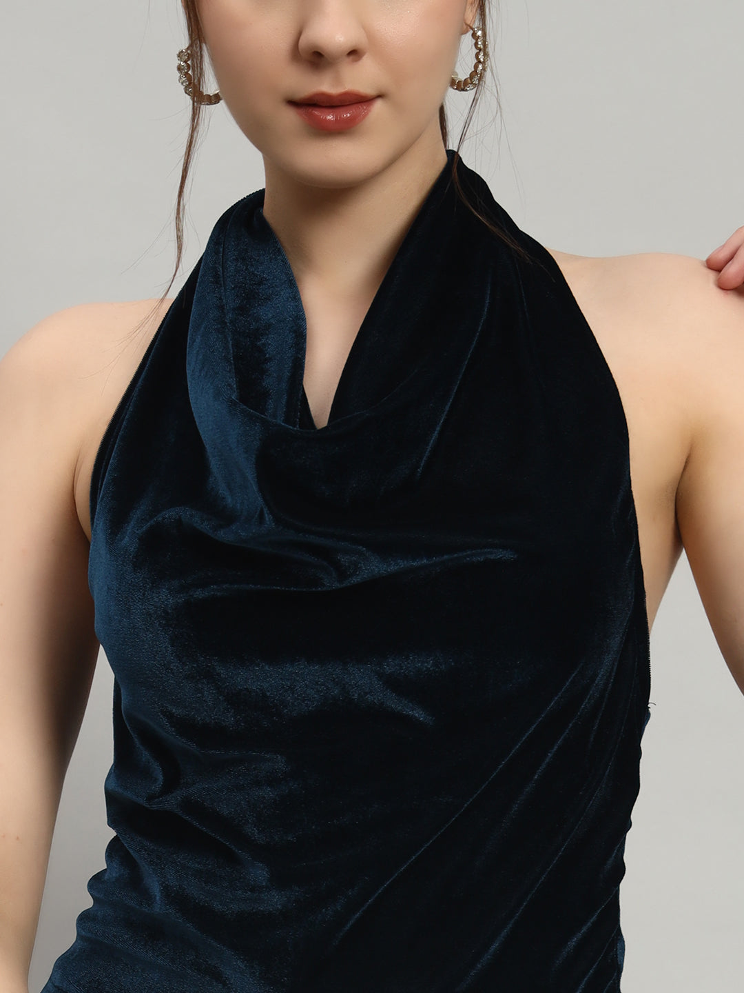 Halter Neck Top Velvet Sleeveless Party Outfit Peacock Blue